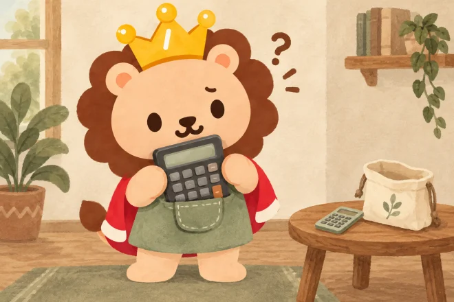 小さなポケットに大きな電卓を入れようとして困るランキン。机には薄い電卓と小さなバッグが置かれている。
