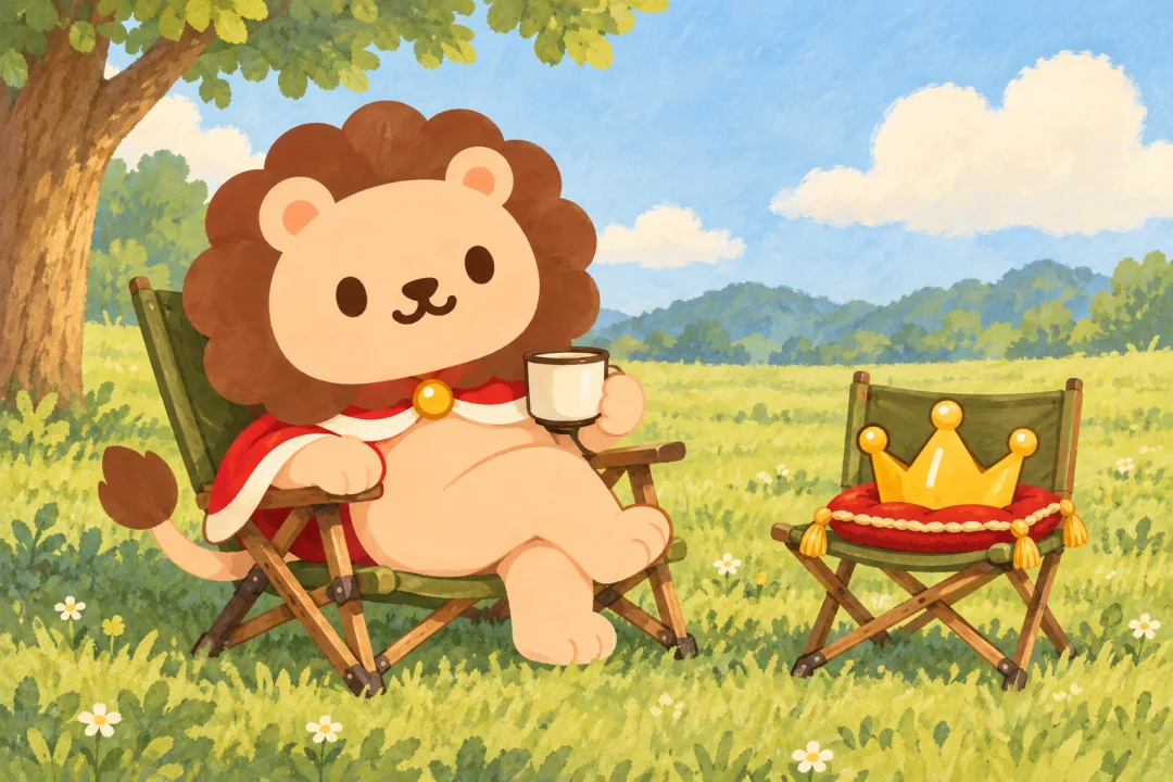 ランキンが正しく開いた低いキャンプチェアでくつろぐ。隣の小さな折りたたみ椅子には空の王冠だけが丁寧に置かれ、人より待遇がよい。平坦な草地、火なし。