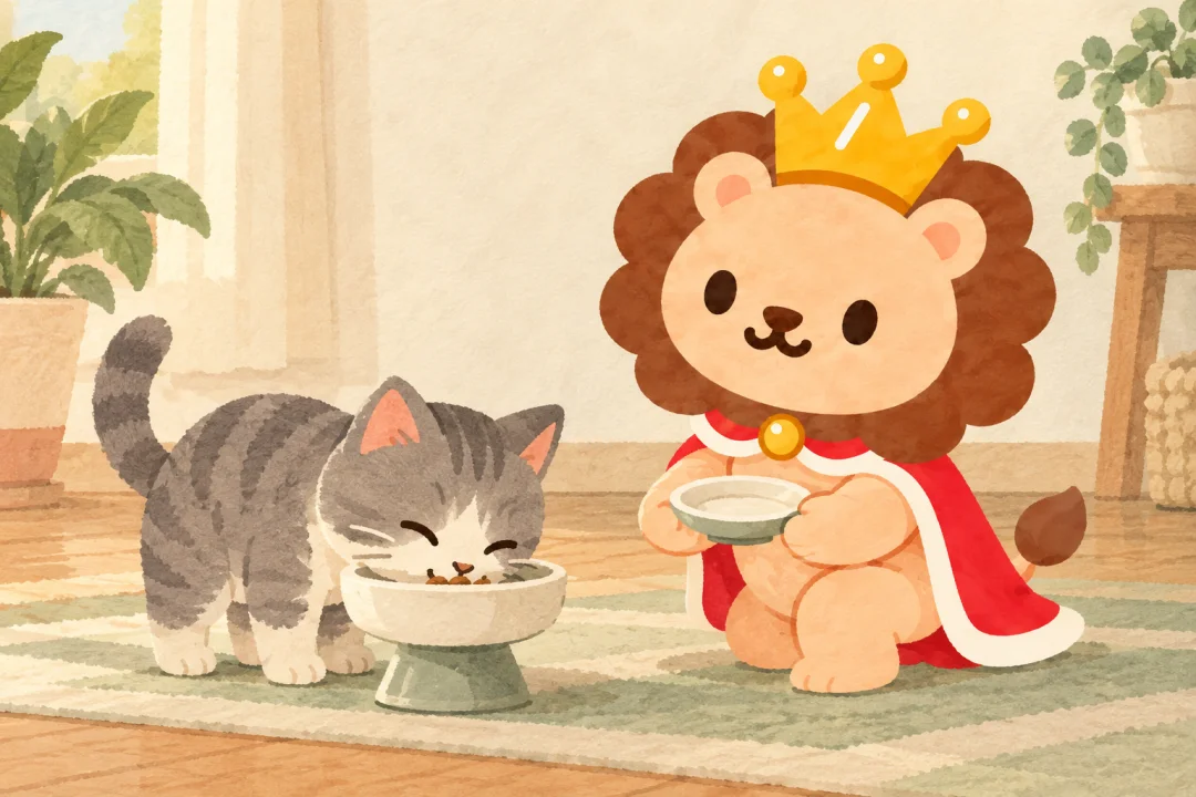 脚付きの一般的な猫用食器で食事する猫の横で、空の小皿を持ち、給仕のように待つランキン。