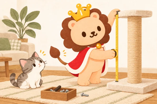 ランキンが新品の大きな爪とぎポールの高さを測る一方、猫は測るランキンのしっぽを目で追う。しっぽは猫から離れ、爪とぎのボルトは正しく締まっている。