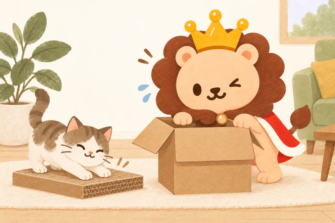 猫が適切な低い爪とぎを使う隣で、ランキンが新品の配送箱を猫に譲り自分の巨大なたてがみだけ箱の入口に入らず困る。箱に無理に入らない、爪とぎは平坦な床。