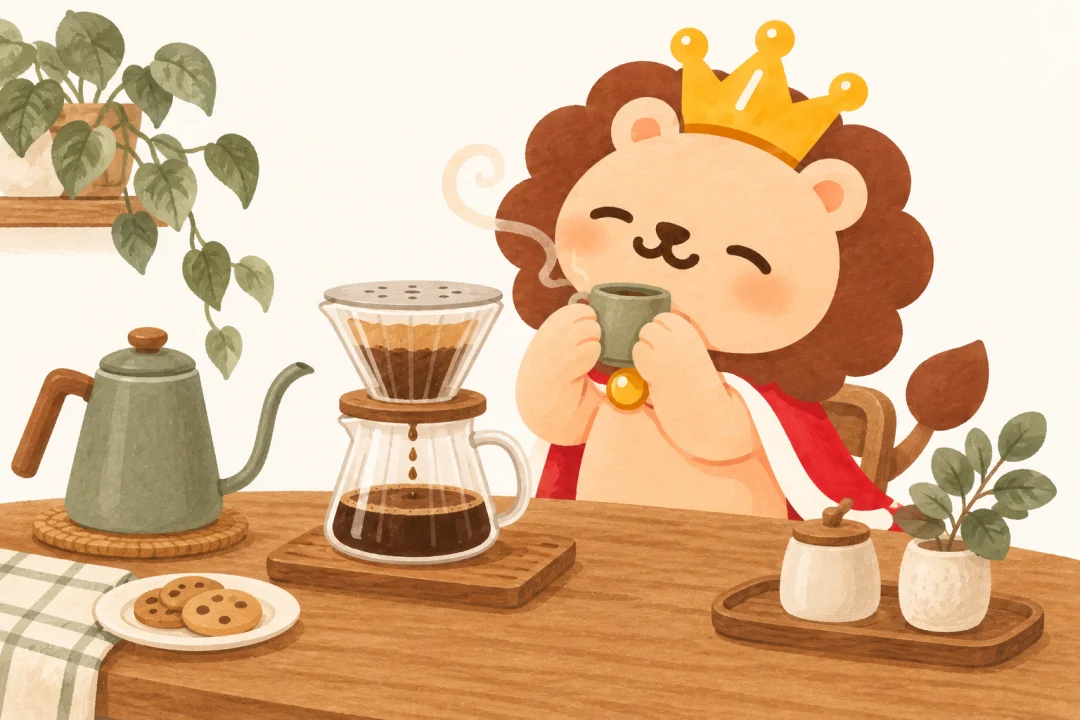 ドリッパーでコーヒーを淹れながら、カップの香りにうっとりと表情がゆるむランキン