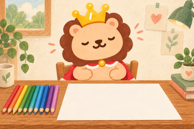 色鉛筆を色の順に丁寧に並べ、まっさらな紙を前に達成感のある顔をするランキン。