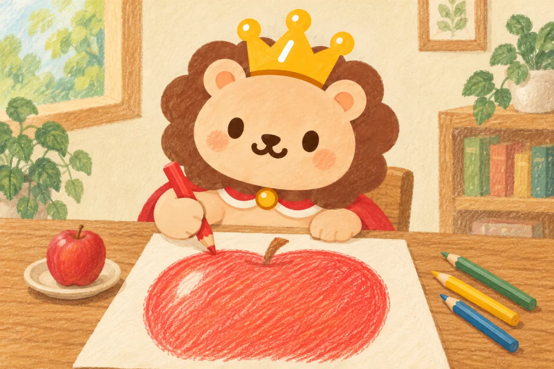 色鉛筆で小さなりんごを描きながら、紙の上の巨大な丸いりんごを得意げに見せるランキン。
