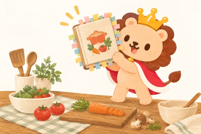 料理本に付箋を貼ったランキン。全部のページから付箋が出ていて目印の意味が消え、最後に一冊まるごと持ち上げる