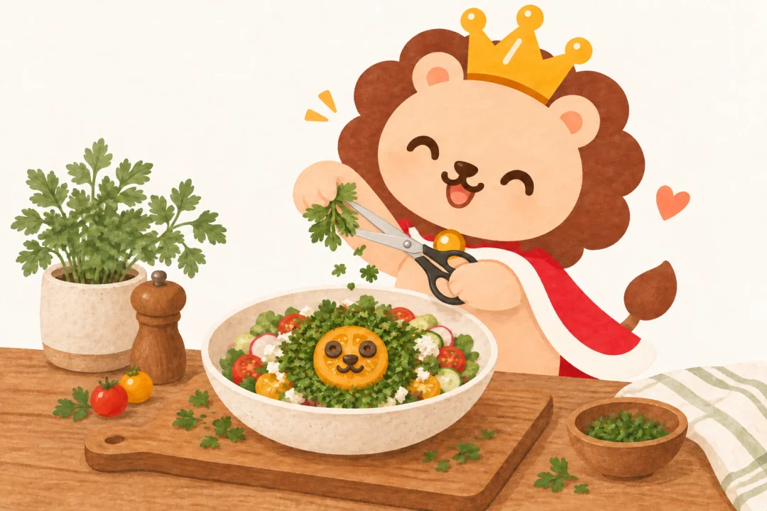 キッチンばさみでハーブを切るランキン。ボウルのトマトとハーブが小さなライオンの顔になっている