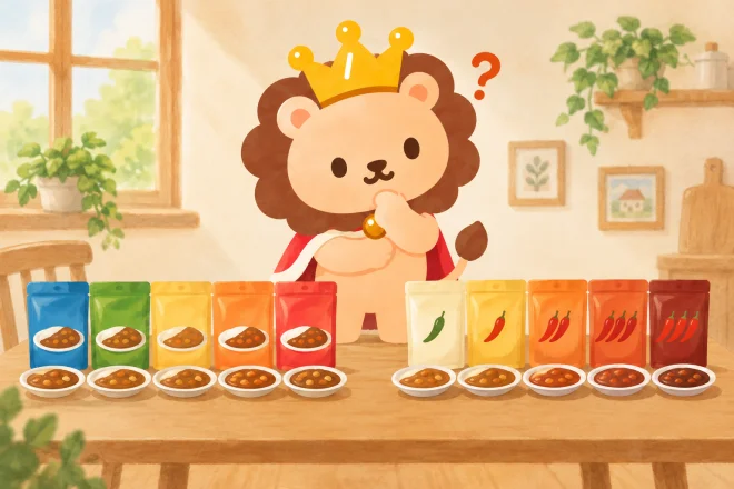 カレーの袋を色別に並べたランキンが、辛さ順にしたつもりの列と見比べて首をかしげる。包装の色だけで辛さを判断しない笑い