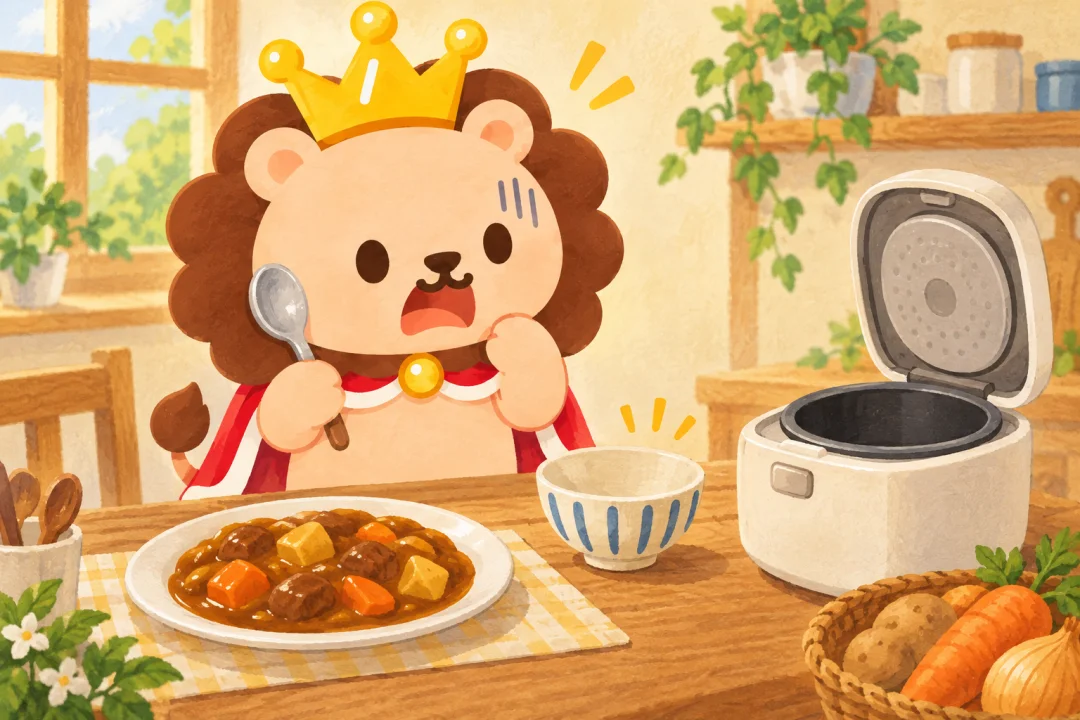 ランキンがカレー皿を前に堂々とスプーンを構えるが、ご飯を置くはずの場所に空の茶碗があり炊飯器を見て固まる