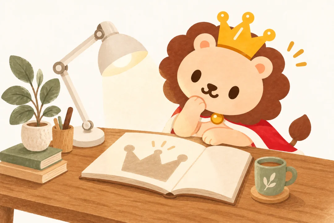 デスクライトで本を読むランキン。王冠の大きな絵が載ったページに気を取られている