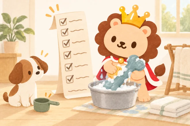 ランキンがおやつの入っていない大きな玩具を洗って乾かす横で、犬は空の一日分フード計量カップを見ている。ランキンのチェックリストだけ巨大で、実際の玩具は一個。