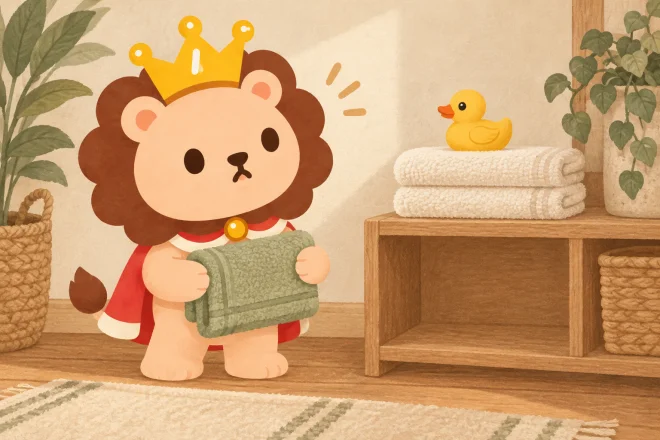乾いたタオルをしまおうとするランキンが、棚の畳んだタオルの上に先に座ったアヒルのおもちゃを見て困っている。