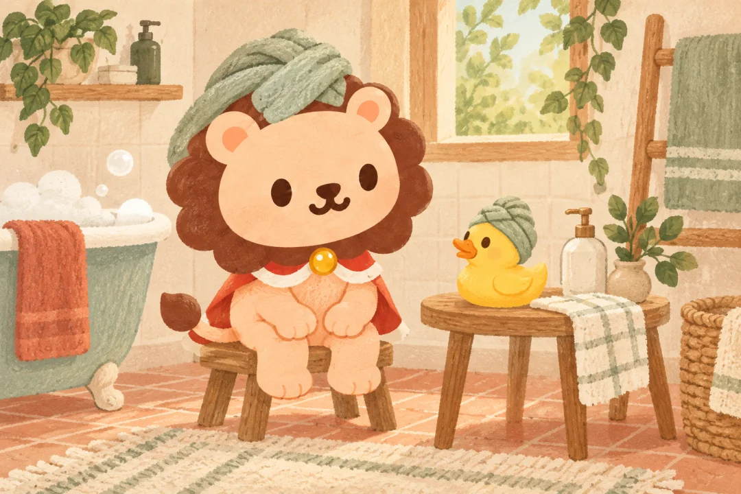 ヘアタオルを頭に巻いたランキンが、同じように小さなタオルをかぶったアヒルのおもちゃを見ている。顔と頭上の耳はタオルで隠れていない。