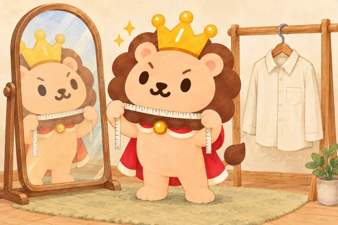 服の肩幅を測ろうとして、自分のたてがみの幅にメジャーを当ててしまい、横のシャツに気づくランキン。