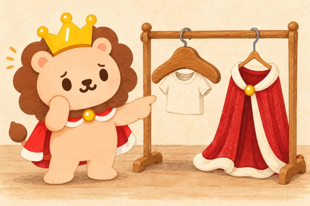 小さなシャツを厚い木製ハンガーに掛けようとして首をかしげるランキン。隣のラックには大きなマントが薄いハンガーに掛かっている。