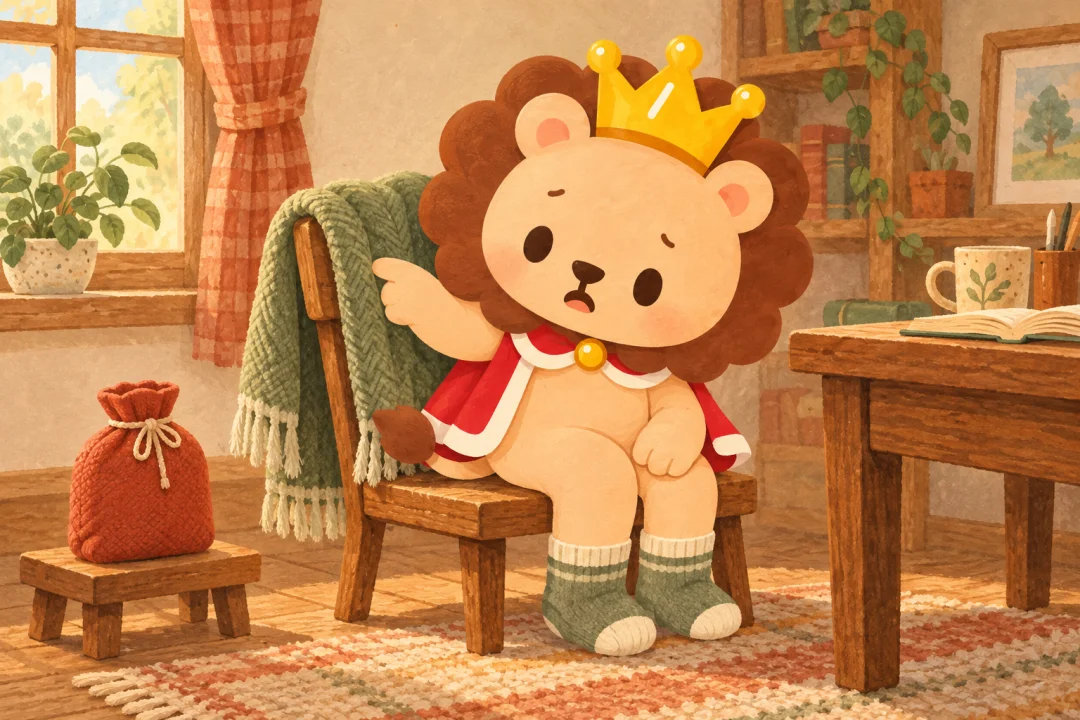 椅子の背もたれだけにひざ掛けを丁寧に掛け、自分の膝は何も掛かっていないことに気づくランキン。床の安全な台には袋入りの一般化した湯たんぽが置かれている。