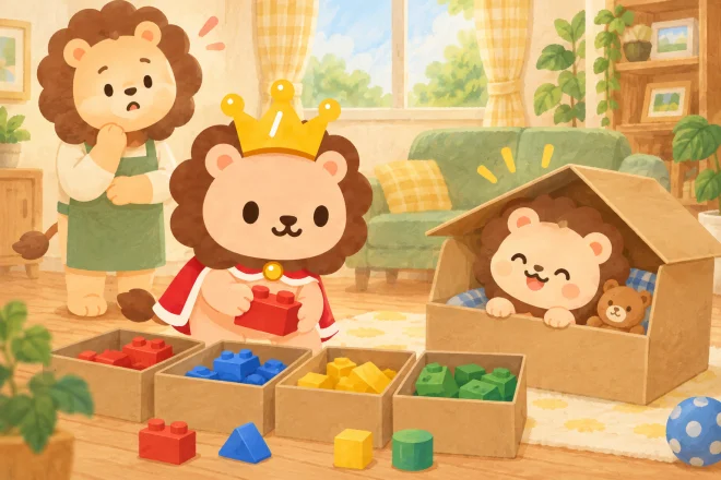 ランキンが色別に大きな玩具ブロックを箱へ整理する横で、子ライオンが空の大きな段ボール箱を家に見立てて嬉しそう。大人は拍子抜けの表情。