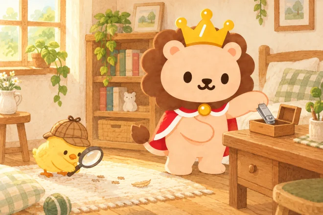ランキンが爪切りを定位置の小箱にしまい、床では虫眼鏡を持つ小さなひよこが存在しない大事件を捜査している。刃物は閉じて机上に。