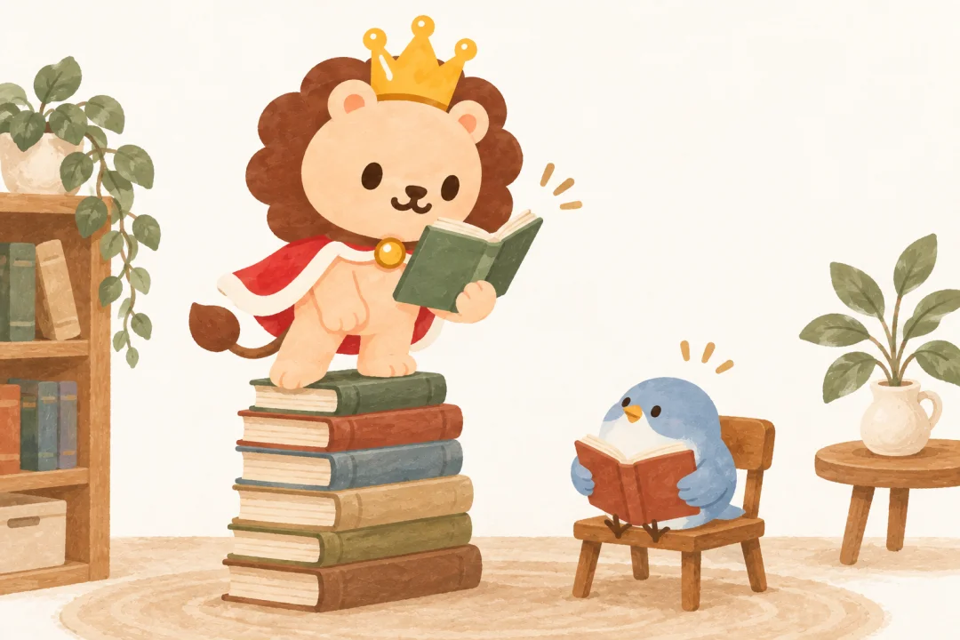 本を積んで高さを誇るランキンが、隣の小さな椅子で一冊を開く小鳥に気づき、塔から一冊だけ抜いて読む