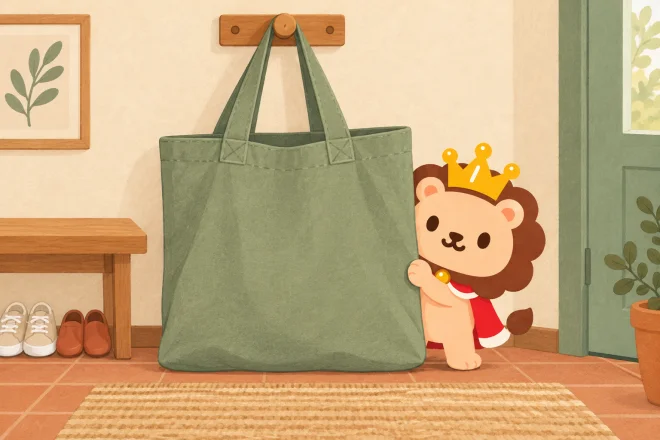 玄関の低いフックに掛けた大きな空の買い物バッグの横から、小さなランキンが顔をのぞかせている。