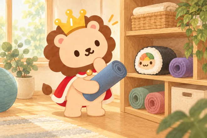 ランキンがマットを棚へしまう。丸めたマットの隣に巻き寿司のぬいぐるみがあり、一瞬見間違えて首をかしげる。実際の食品を運動用具に混ぜない。
