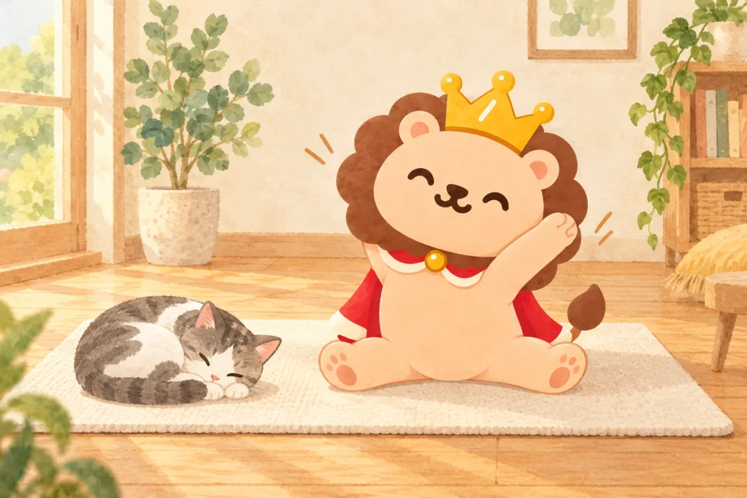 ランキンがマットの上で無理なく座って背伸びし、マットの端には猫が先に丸くなっている。猫を避けて十分な空間を残す。身体の接続と両足を正しく描く。