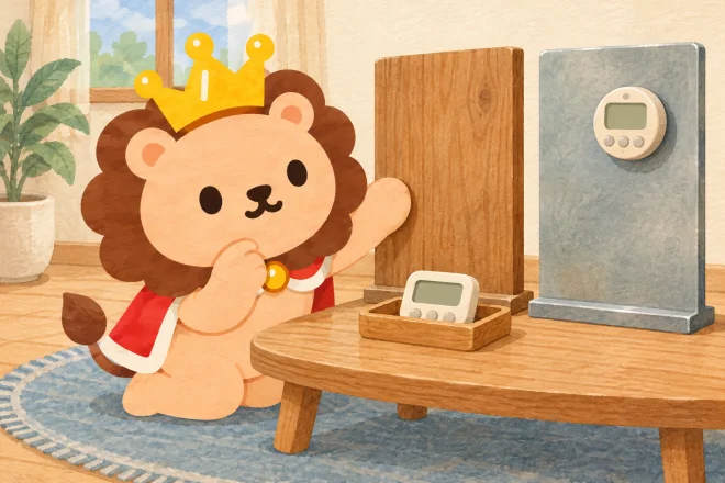 小さなタイマーを木の板に付けようとするランキン。タイマーは受け皿の上に落ち、隣の金属ボードには別のタイマーが付いている。