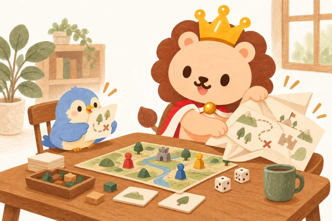 ランキンが小鳥とテーブルゲームをしている。ランキンの手元には大きな作戦メモ、小鳥の手元には一枚の簡素なメモ。ランキンが大げさな作戦を畳んで盤面を見直す