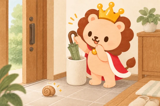 玄関でランキンが畳んだ傘をケースに入れようとしている。足元の小さなカタツムリは自分の殻へさっと収まっていて、ランキンが感心している。傘は閉じている。