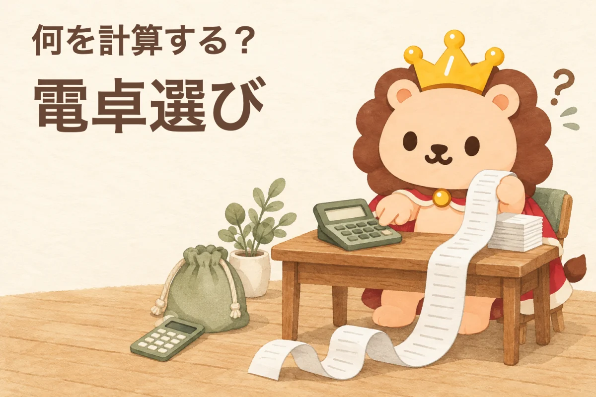 長いレシートを持ち電卓で計算するランキン。そばに持ち歩き用の薄い電卓がある