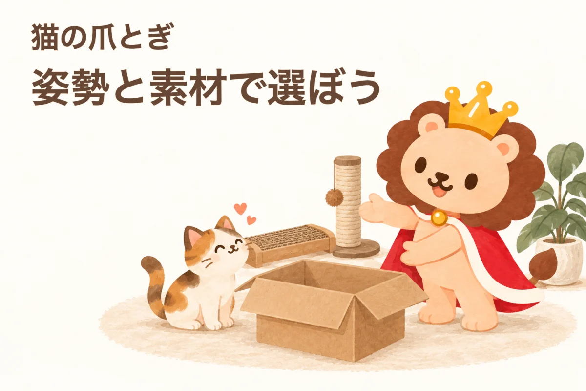 爪とぎを並べるランキンと、空箱に夢中の猫