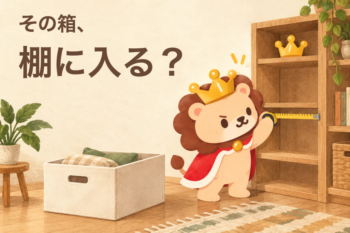 収納箱を置く棚の開口部をメジャーで測るランキン